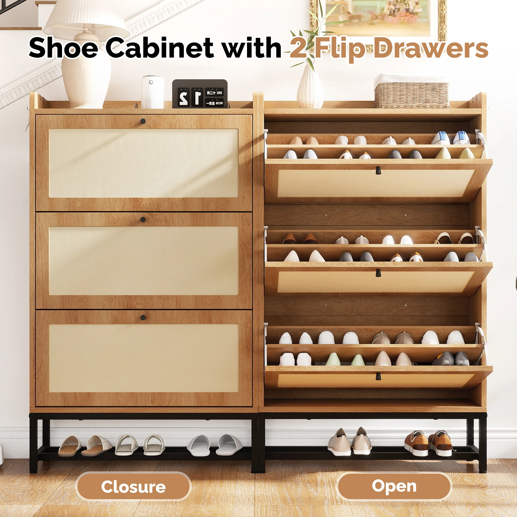 Space-Saving Modern Black Flip-Top Modular Wood Shoe Cabinet Mesh Panel Doors Two-Position Adjustable Removable Shelves Dining