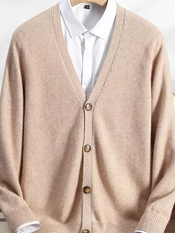 

Autumn Winter V-Neck Smart Casual Sweater Luxury 100% Goat Cashmere Cardigan Men's Knitwear High Quality Soft Thick Warm Tops