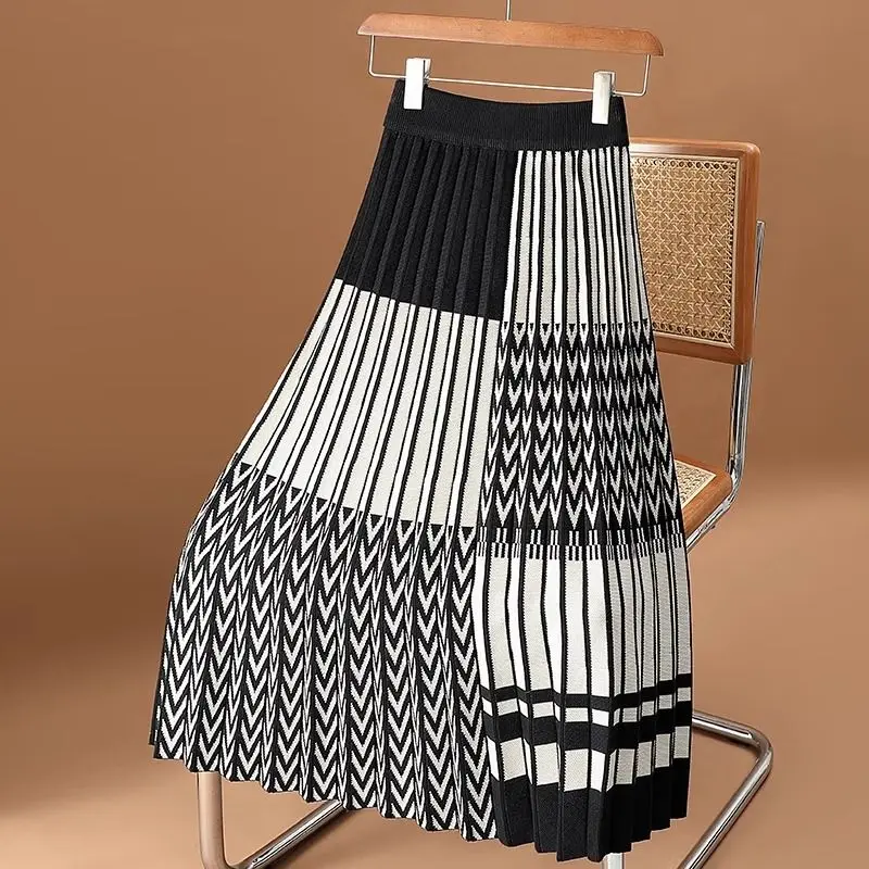 Autumn Winter New Fashion Elastic Waist Knitting A-line Skirt Women High Street Pleated Printing Patchwork Chic Hip Wrap Skirt