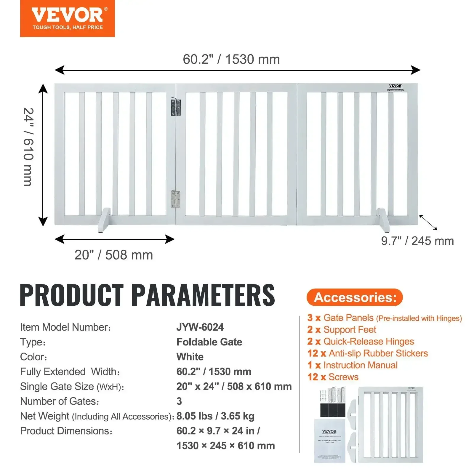 Free Standing Dog Gate, 24" H x 60" W Freestanding Pet Gate, 3 Panels Foldable Dog Gate for Wide and Narrow Passageways