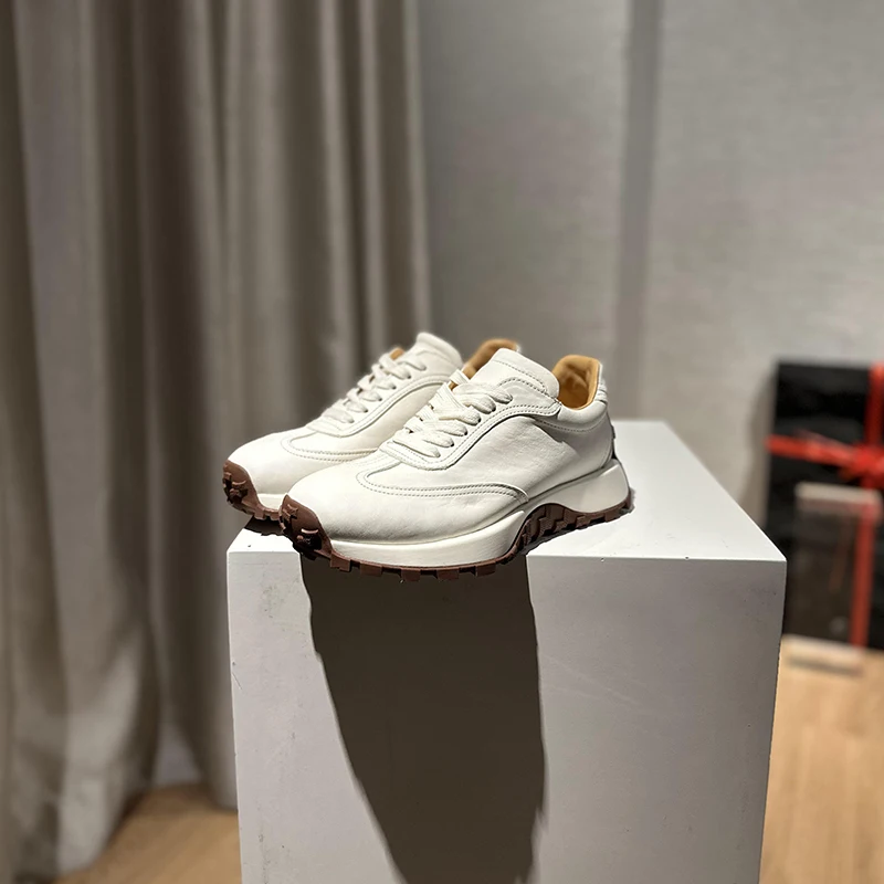 Zapatillas gruesas de cuero genuino y forro de piel de caballo, zapatillas blancas transpirables que absorben el sudor, zapatos informales para mujer