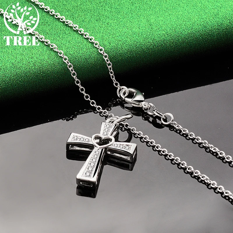 ALITREE 925 Sterling Silver Hollow Heart Cross zircone collana con ciondolo in cristallo per le donne collane gioielli di moda regalo di compleanno