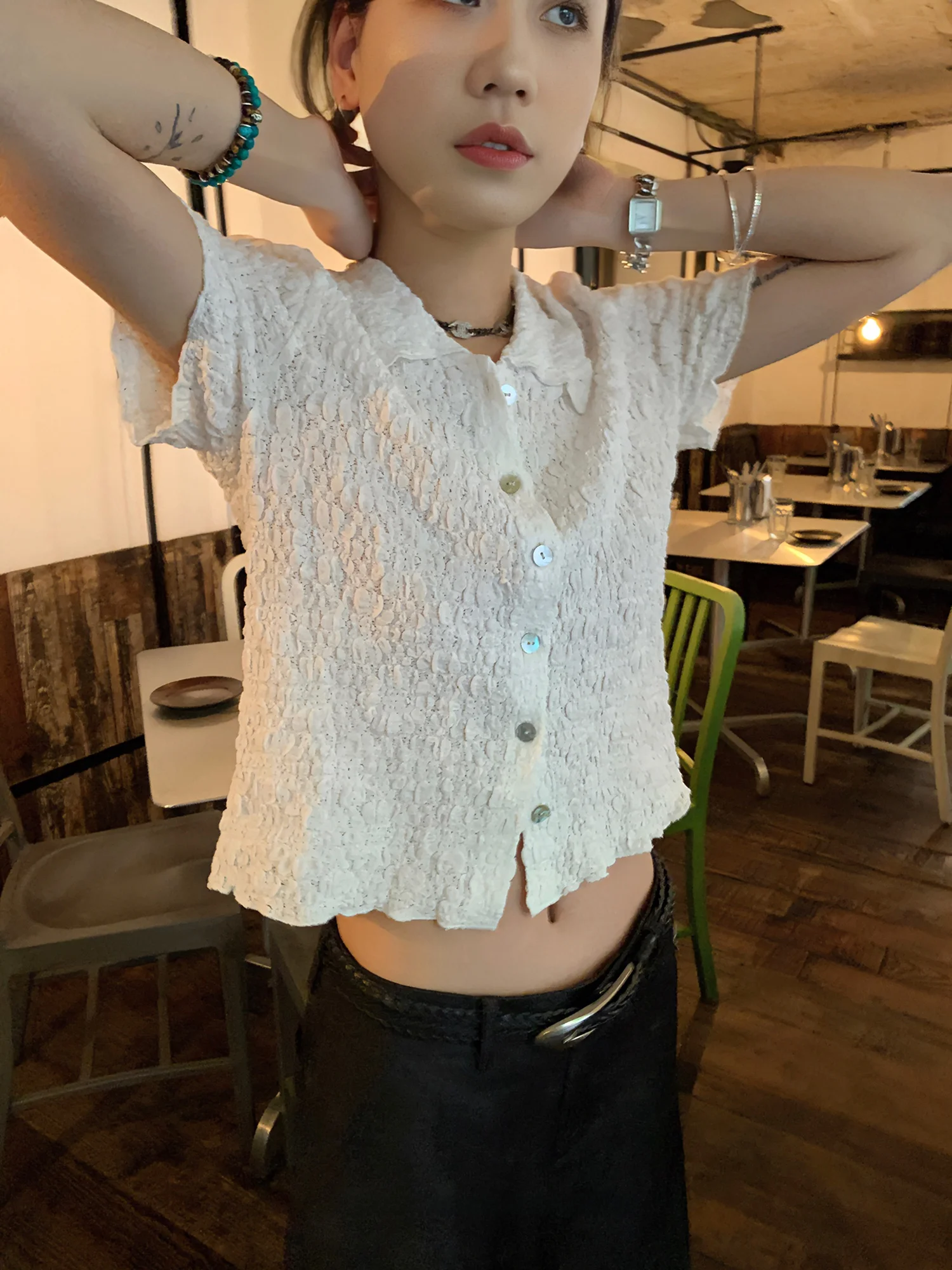 

LelyMooch Original Pleated Post-Process Elastic Short Sleeve Women's Design Short Shirt Versatile Cotton Blend Stretch F...