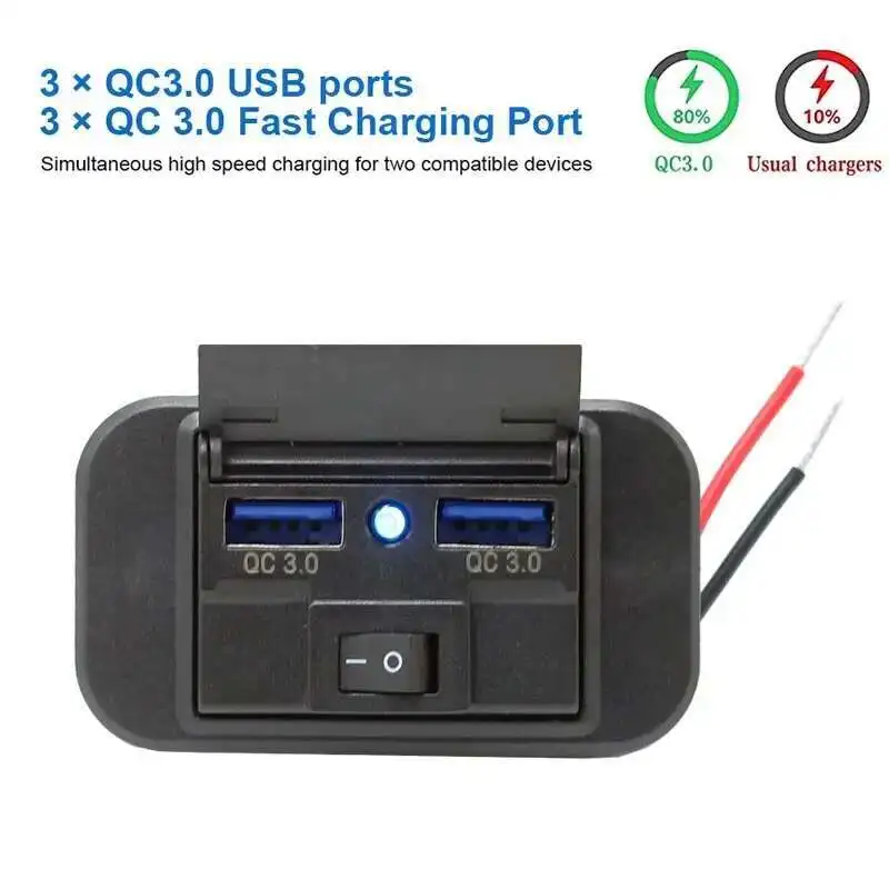Панель зарядного устройства USB, настенное крепление, 12 В, двойной порт QC3.0 и PD, автомобильный адаптер для быстрой зарядки с кнопочным переключателем