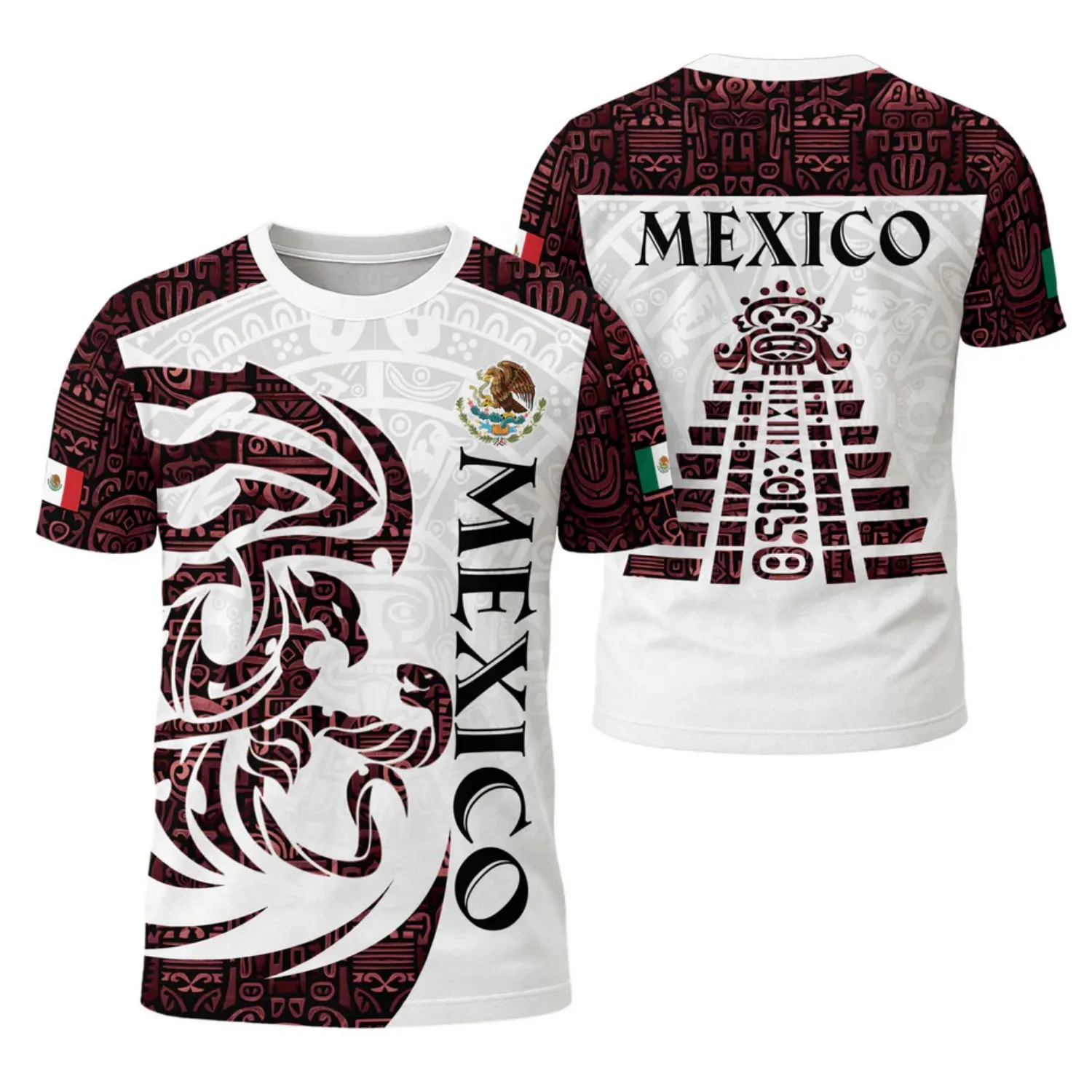 Mens Round Neck T Shirt Mexico Lion Mask Graphic Short Sleeve Casual Top with White Tribal Pattern and Temple Back Print for Men