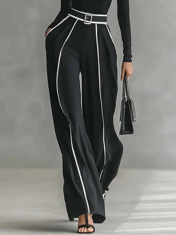 Freeacy Women Black White Contrast Piping Wide Leg Pants High Waist Pleated Trousers 2026 Loose Floor Length Casual Pants view 4