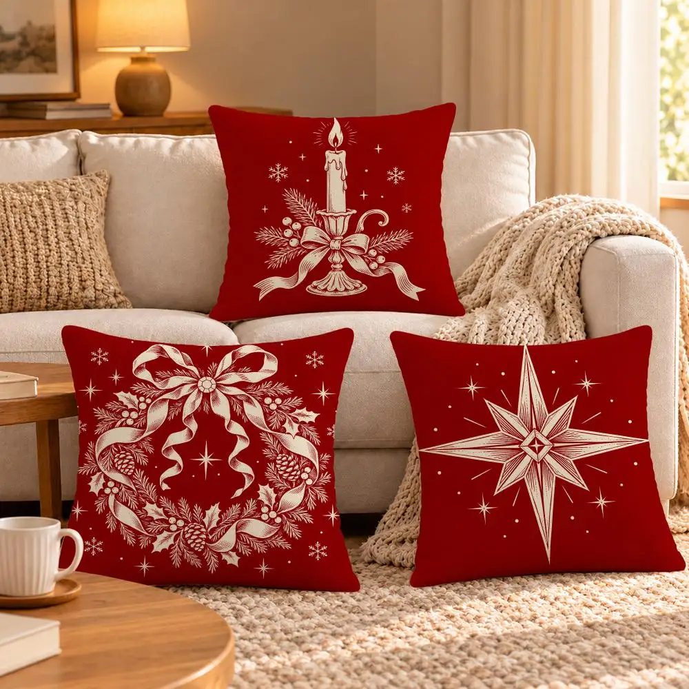 Red Line Christmas Engraving Pattern Set Cushion Cover Soft Short‑Plush Pillowcase, Sofa Bedroom Home Decor, Holiday Gift