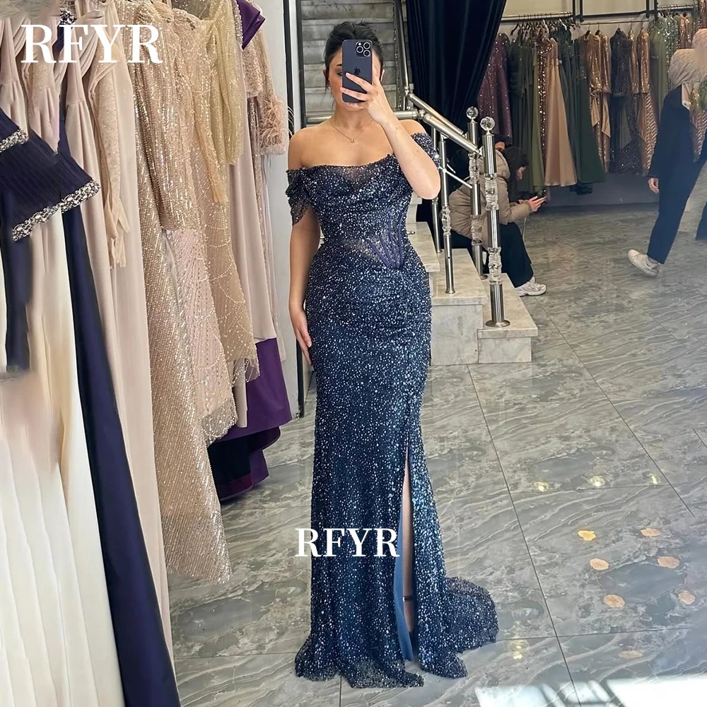 RFYR Shiny Evening Dresses Glitter Prom Dress Off Shoulder Party Dress Sexy فساتين مناسبة رسمية for Arabic Wome image 3