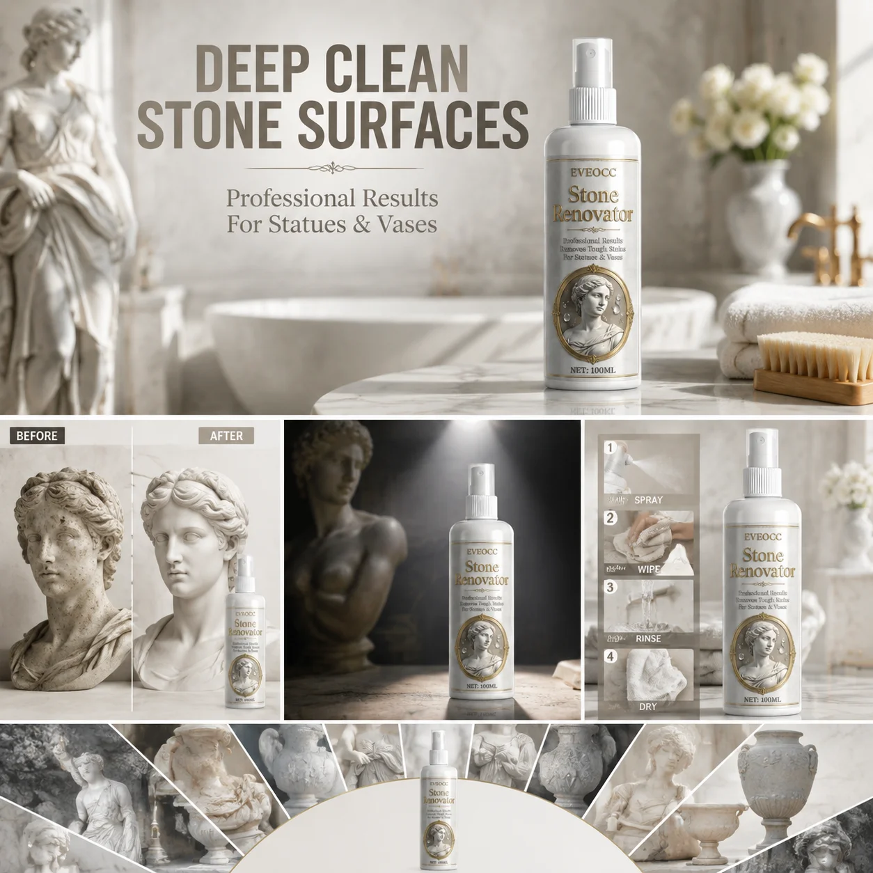 EVEOCC Stone Renovator Spray 100ml, Stone Stain Remover Cleaner for Statues Vases & Stone Surface Restoration