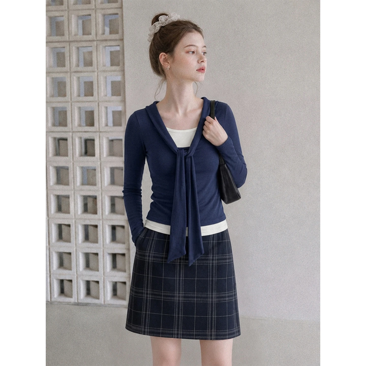 2026 Korean Style Women Faux Two‑Piece Long Sleeve T‑Shirt Spliced Tie Detail Slim Fit Inner Wear Chic Casual Ladies Blouse Tops