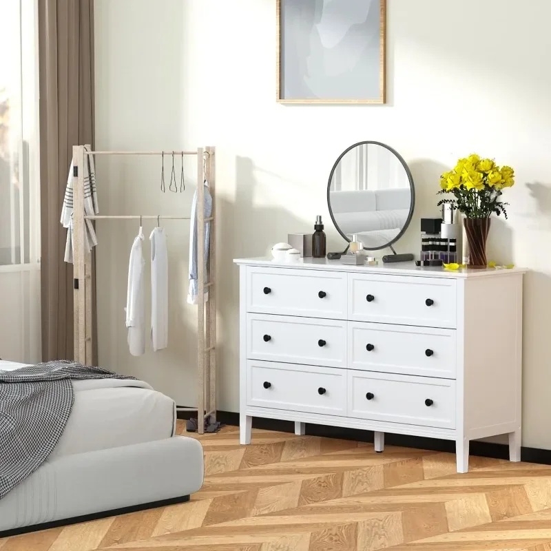 White Dresser, Modern Dresser for Bedroom, 6 Drawer Double Dresser with Metal Handles, Dresser