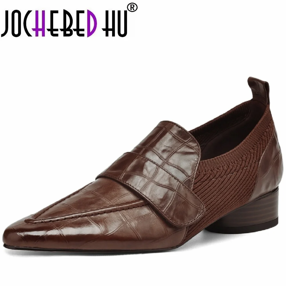 

【JOCHEBED HU】women's Handmade Brand genuine leather pointed toe slip-on flats 3cm low heel elegant ladies style daily shoe 34-41