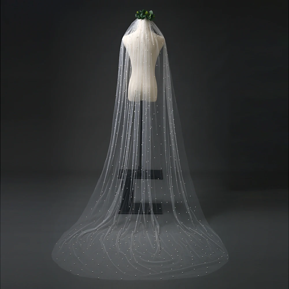 Voile de mariage avec peigne pour patients, perles classiques, longueur cathédrale, bord brut à un niveau, accessoires de mariage, beauté de la mariée, V05