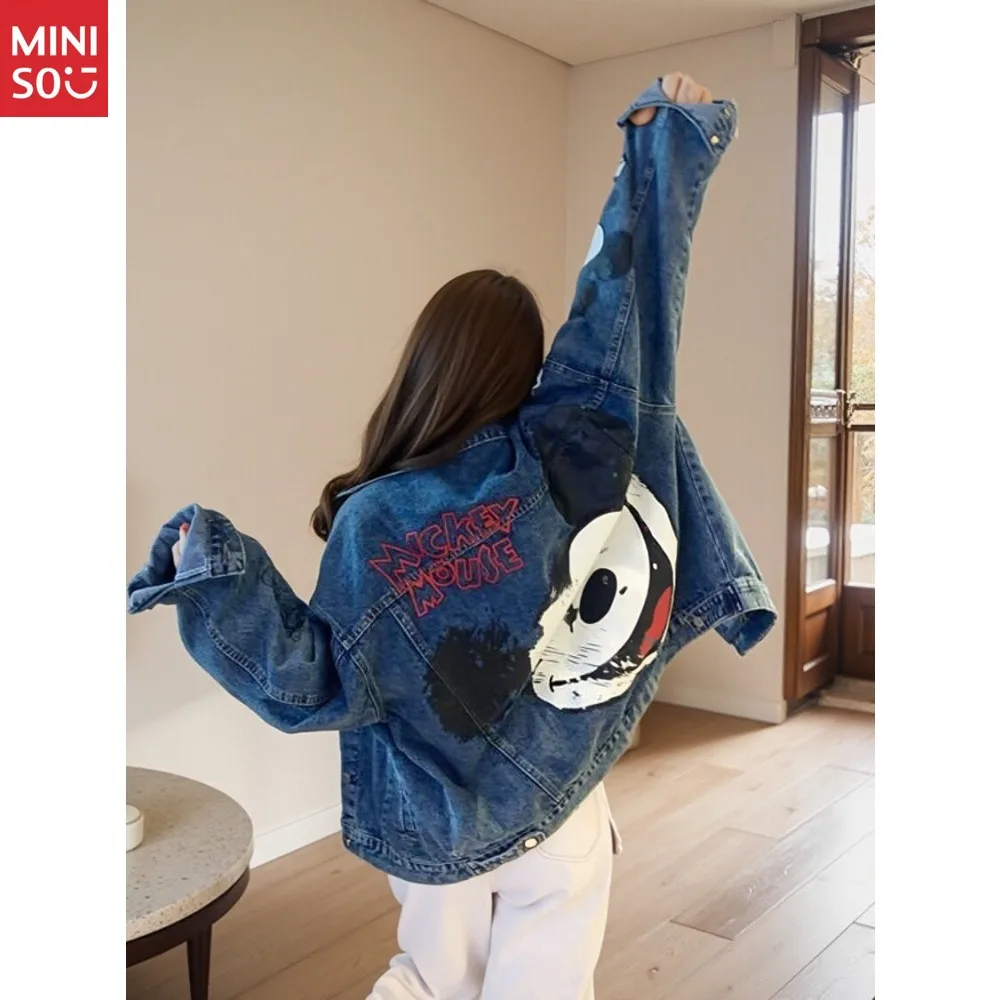

Женская джинсовая куртка Miniso с Микки Маусом, весна-осень 2024, новая свободная куртка для пар, топ, тренд