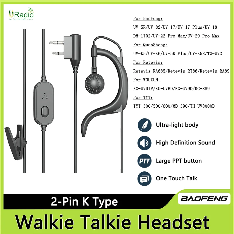 

Earpiece Headset For Baofeng Walkie Talkie 2-Pin K Type UV-17/UV-22 PRO MAX/UV-18 Quansheng UV-K6/UV-K5 Wired Two Way Radio New