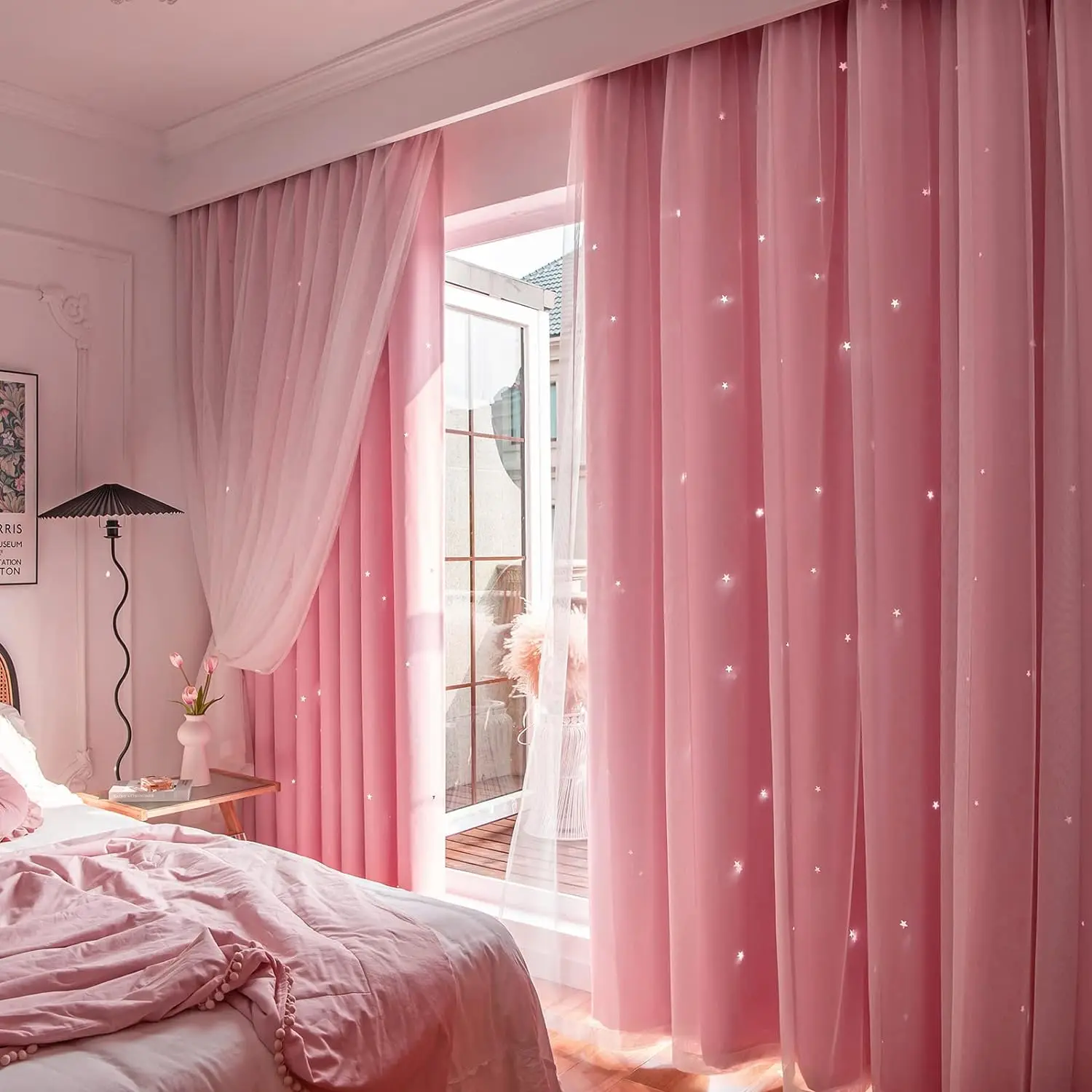 

Double Layer Stars Curtains Princess Romantic Window Hollow Out Stars Curtains Girls Decor Bedroom Blackout Curtain