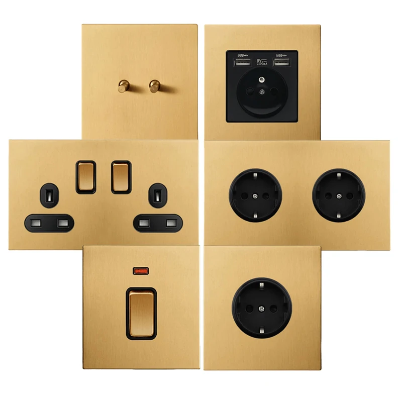 

Gold Brushed Stainless Steel Metal Toggle Wall Light Switch EU FR UK Power Socket Middle Switch CAT6 USB AC110-250V 86mm Switch