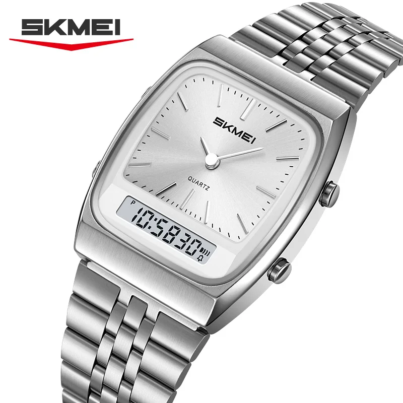 SKMEI 2585 Simple Casual Men's Luxury Digital Quartz Electronic Watch Dual Display Stainless Steel Strap Sports Men's Watch