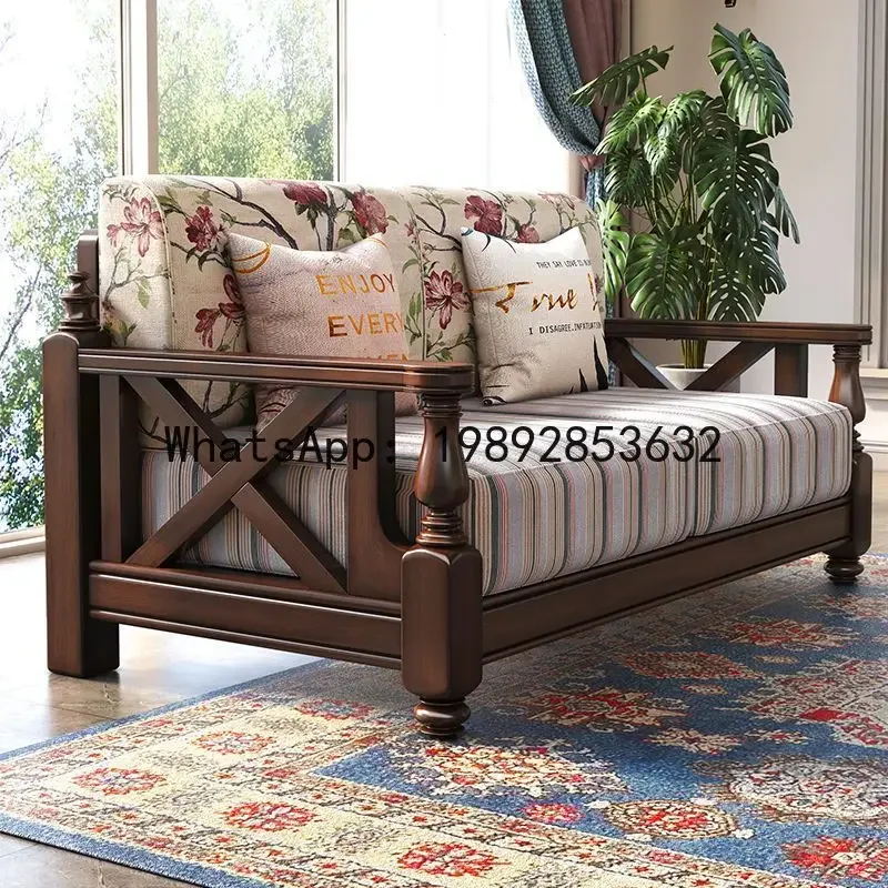 

a-15 rustic solid wood fabric sofa - large living room, natural wood furniture, three-seater