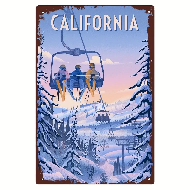 California Ski Lift Tin Painting  8x12 Inch Durable Iron Wall Art Perfect for Home and Bar Decor