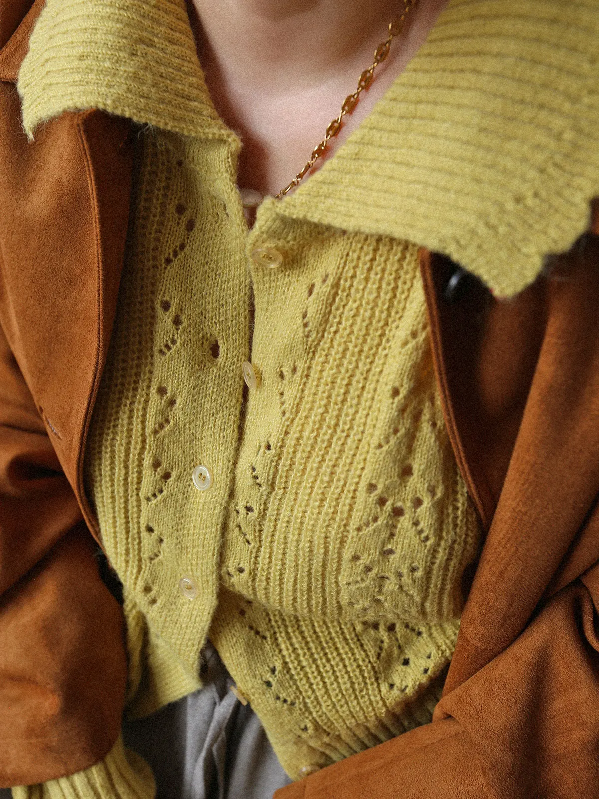 

Ast Editor's Vintage Wool Knitted Open Cardigan Women's Beautiful Sweater Jaet Autumn Loose Fit Soft Gauze Hollow out Collar