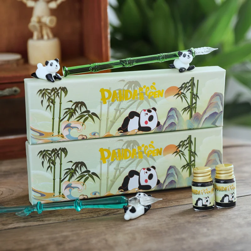 

Cute Panda Series Glass Dip Pen Three Piece Set Panda Pendant Glass Dip Pen Signature Gift Box