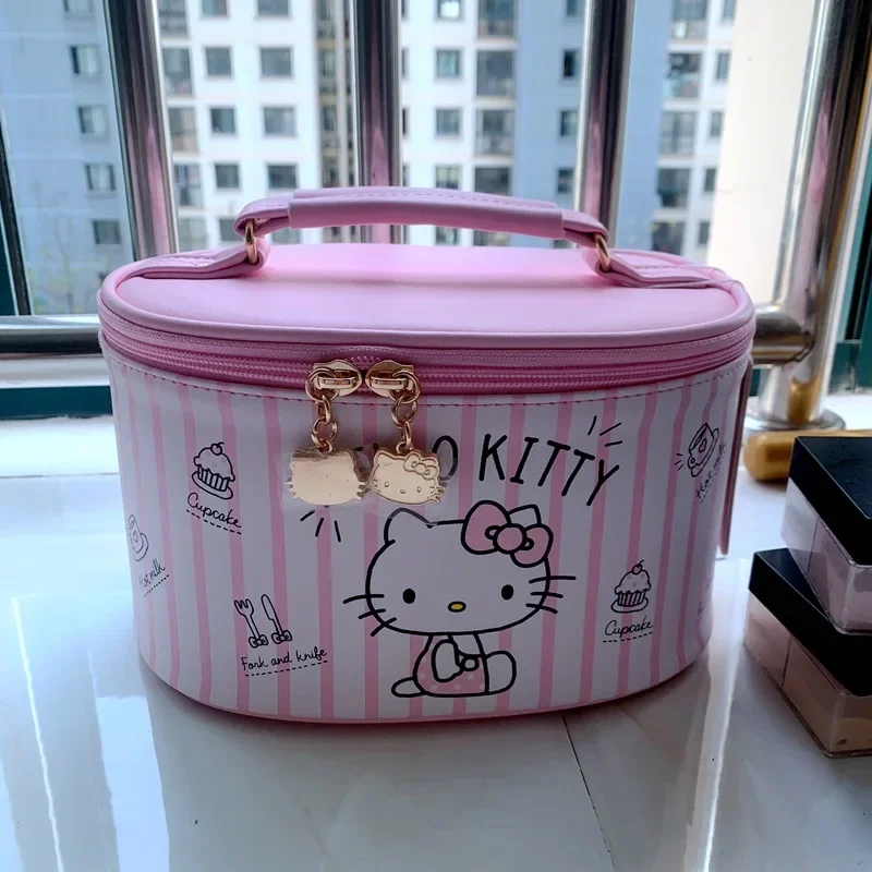 Sanrio Hello Kitty Makeup Bag Kawaii Anime Portable Handbag Cute Bow Pu Waterproof Cosmetic Cases Largecapacity Wash Storage Bag