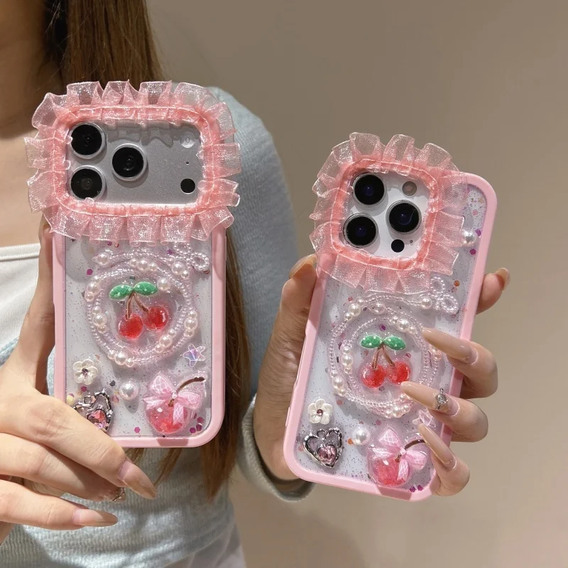 

Sparkling Pink Lace Personalized Mobile Phone Case For iPhone 17 16 15 14 13 Pro Max Cute strawberry pearl Glitter Cover ﻿﻿﻿﻿﻿﻿