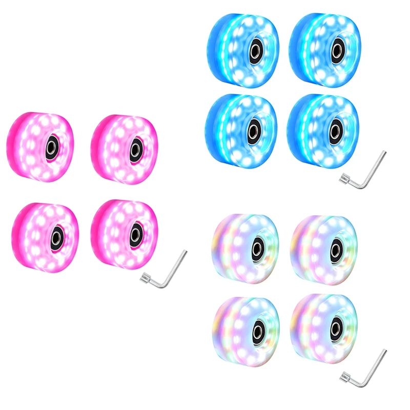 

Roller Skate Wheels With Wrench Skateboard Wheels Outdoor High Flash Six Light Double Row Roller Skates Shining Wheels Pink
