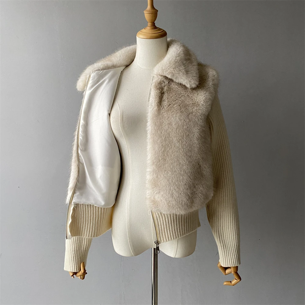 

Jaxmonoy Women Winter Faux Fur Coat Fashion Knitted Rib Patchwork Fake Fur Zipper Jacket 2025 New Design Lapel Warm Outerwear