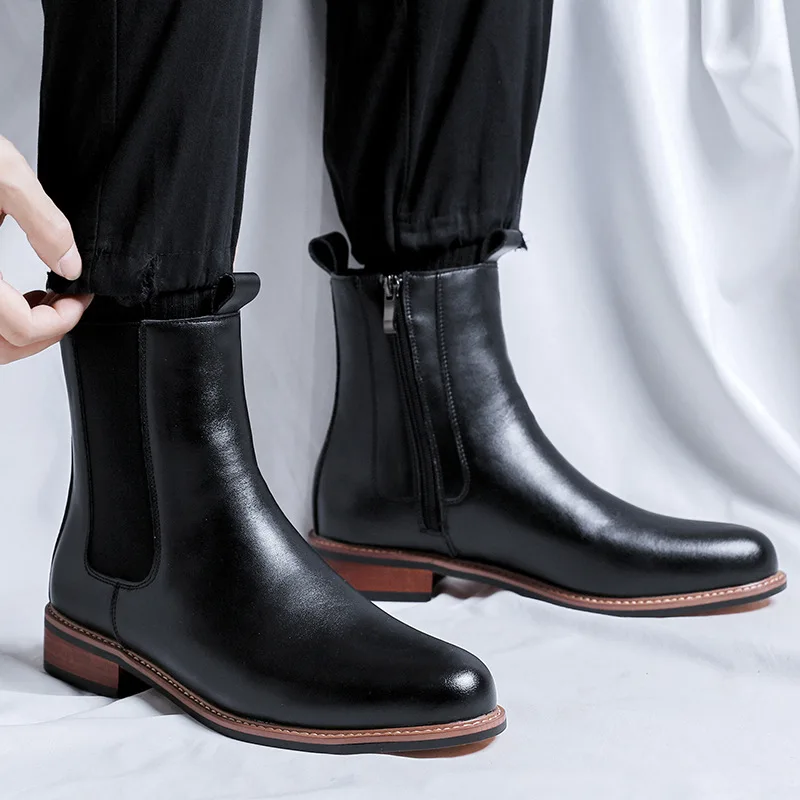 

2023 British Men Tooling Chelsea Boots Dress Autumn Winter Business Leather Shoes Platform Boots Casual Zipper Safety Shoes