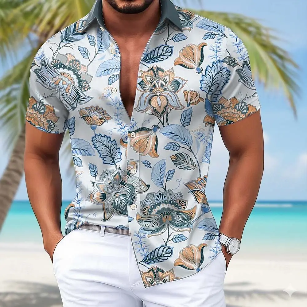 Men's Floral Palm Leaf Tropical Hawaiian Shirt, Short Sleeve 3D Print Button Up Shirt, Blue Pink Green Khaki