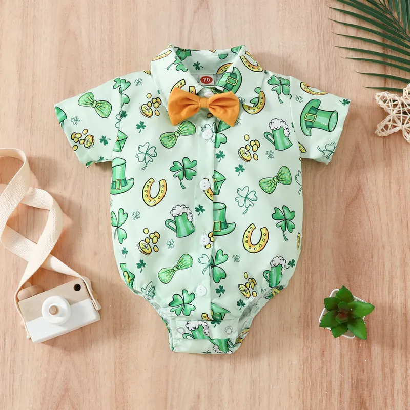 

Infant Boy Irish Festivals Jumpsuit Shamrock Hat Print Turn Down Collar Short Sleeve Button Down Romper