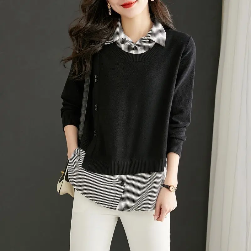Lady Fashion Fake Two Pieces Sweaters Korean Loose Polo-Neck Patchwork Long Sleeve Knitted Tops Autumn Winter Women's Clothing
