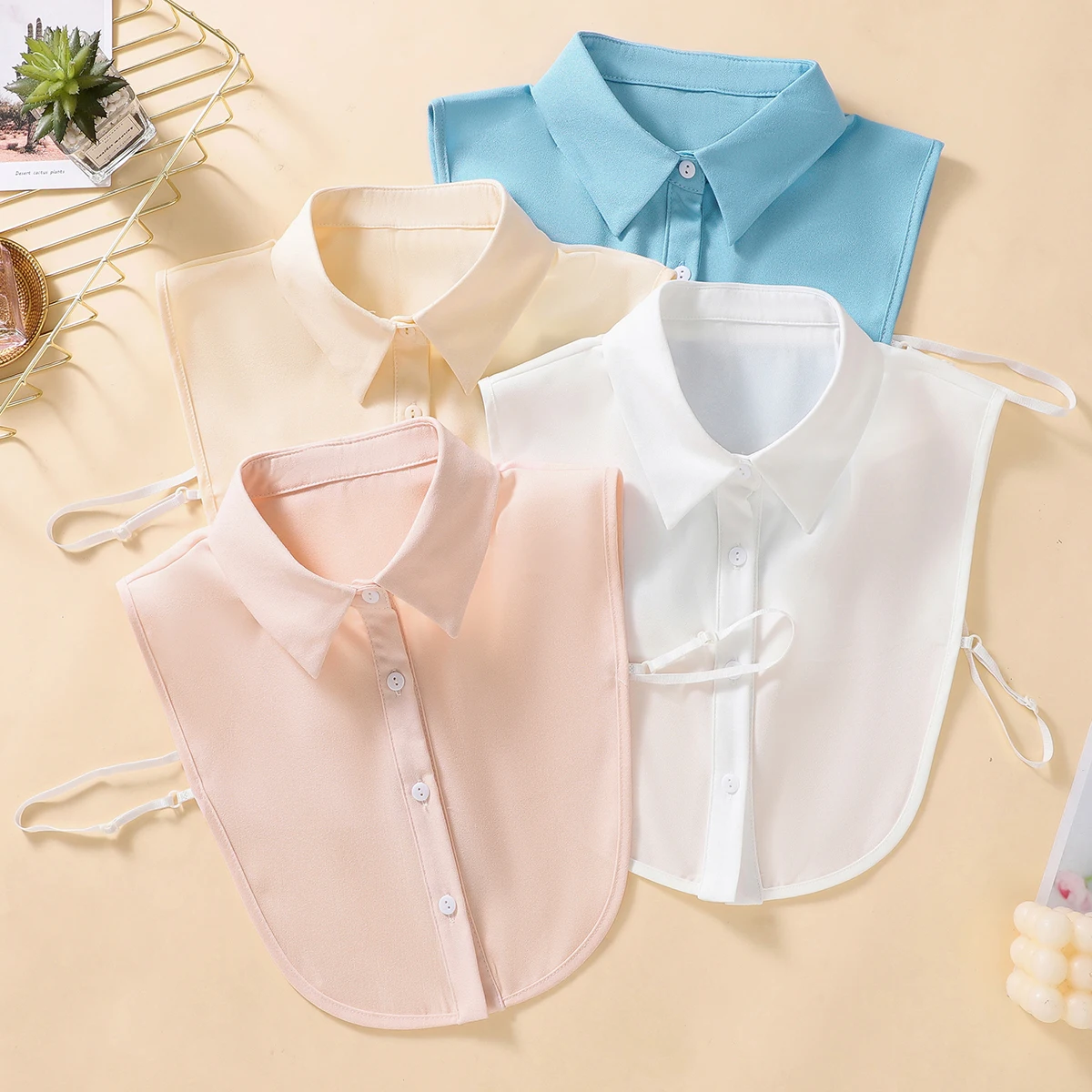 Women's Half Shirt Style Fake Collar Professional Casual Decoration Collar Chiffon White Blue Pink Khaki Four Piece Set