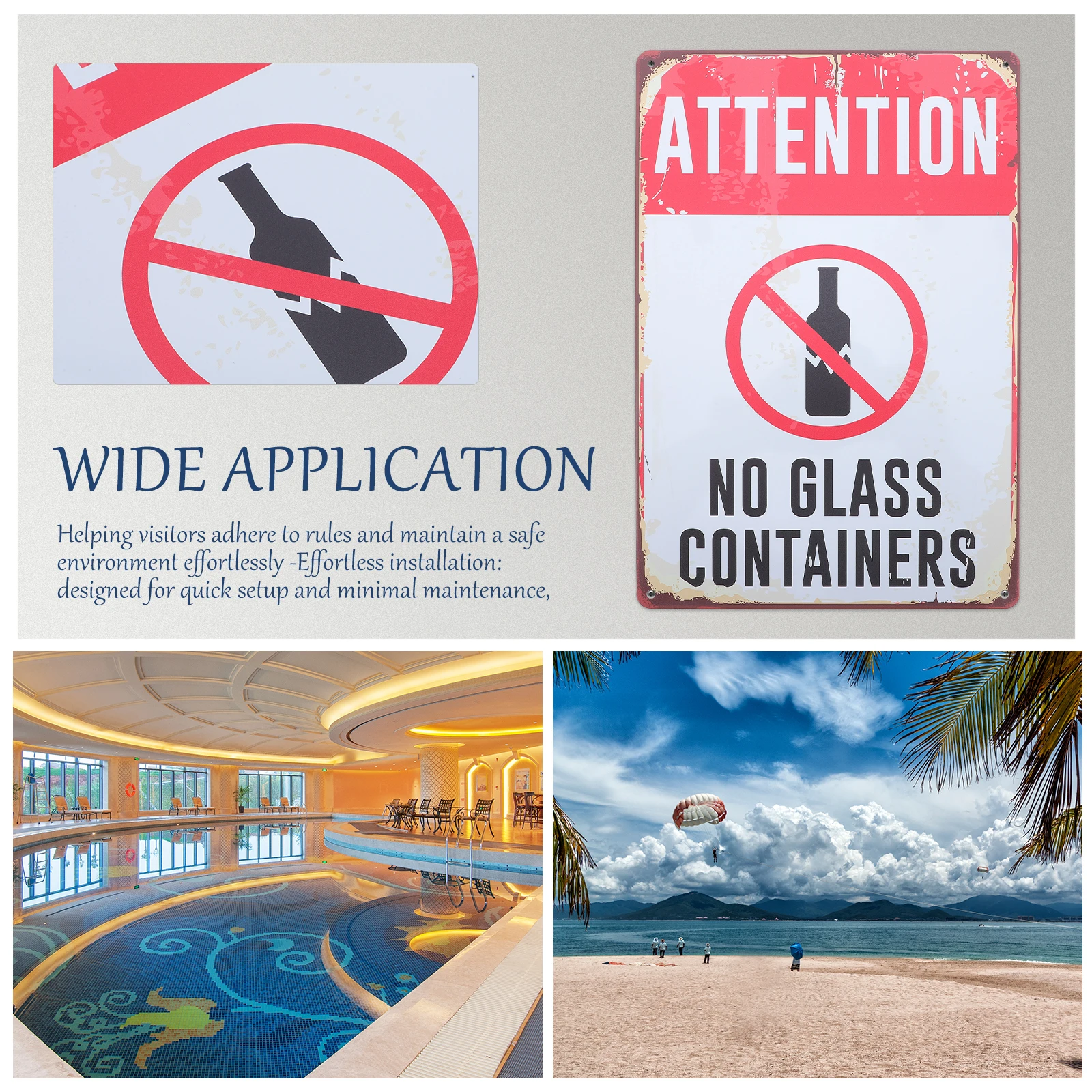 2pcs Iron Pool Warning Signs No Glass Containers Sturdy Weather Resistant Outdoor Use Bold Visible for High Traffic