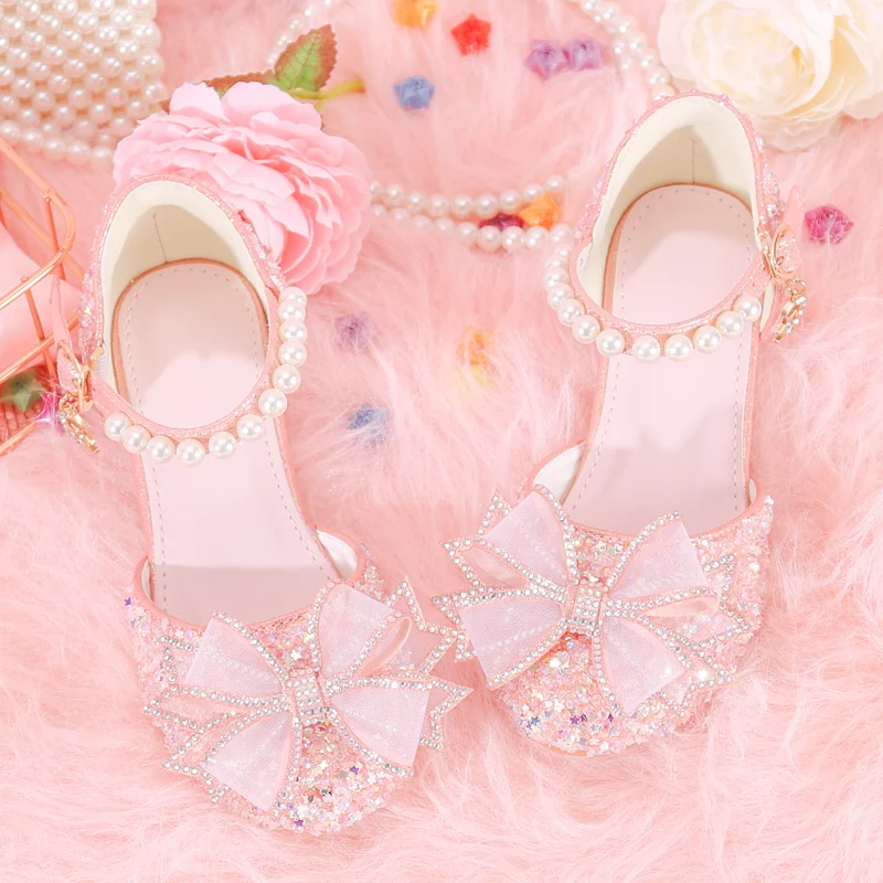 

Children's high heels female crystal shoes princess little girl catwalk white with dress show host shoes girl