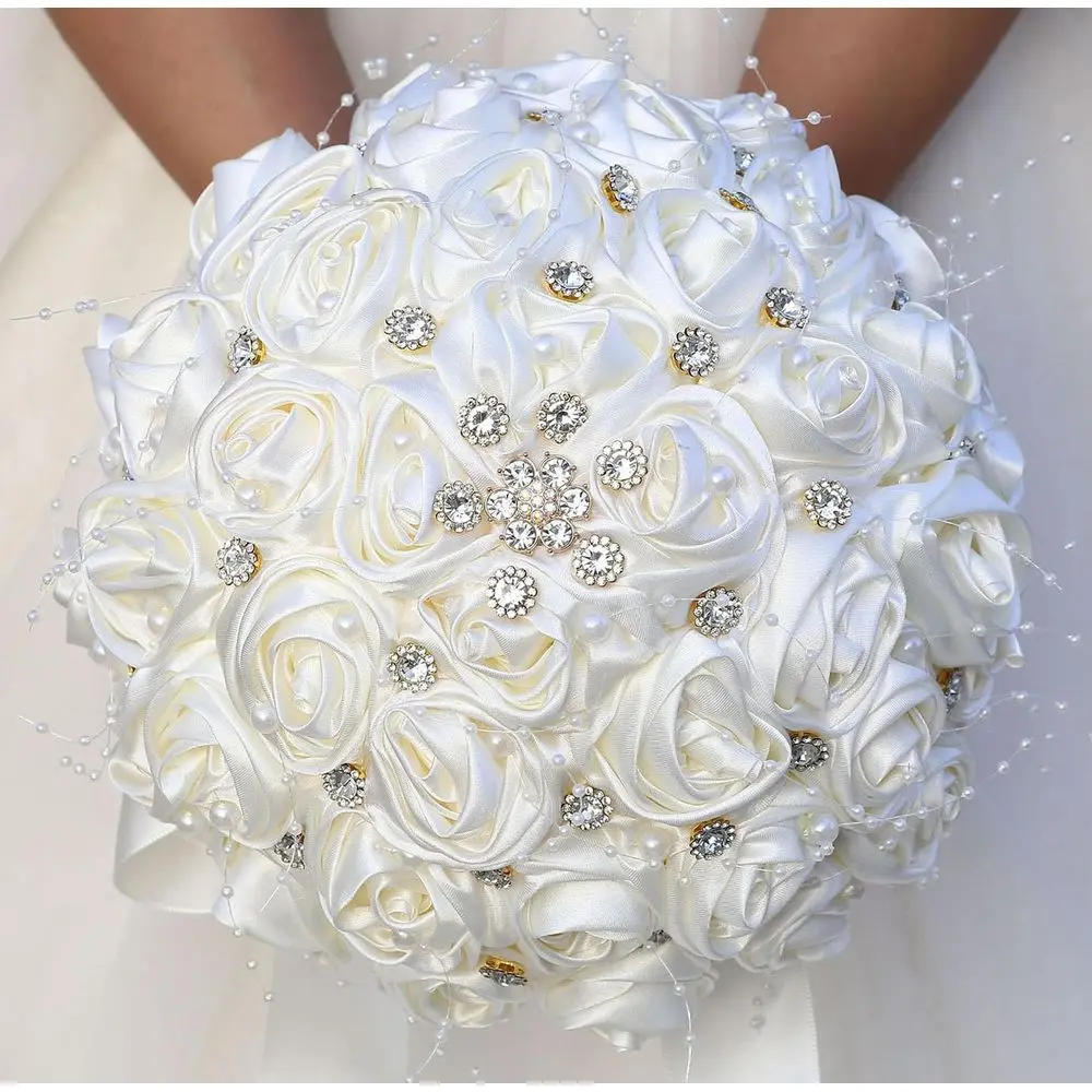 باقة بروش مستديرة متألقة باللون العاجي مع ورود صناعية للعرائس ووصيفات العروس - مثالية لحفلات الزفاف وال Quinceaneras (9 #1