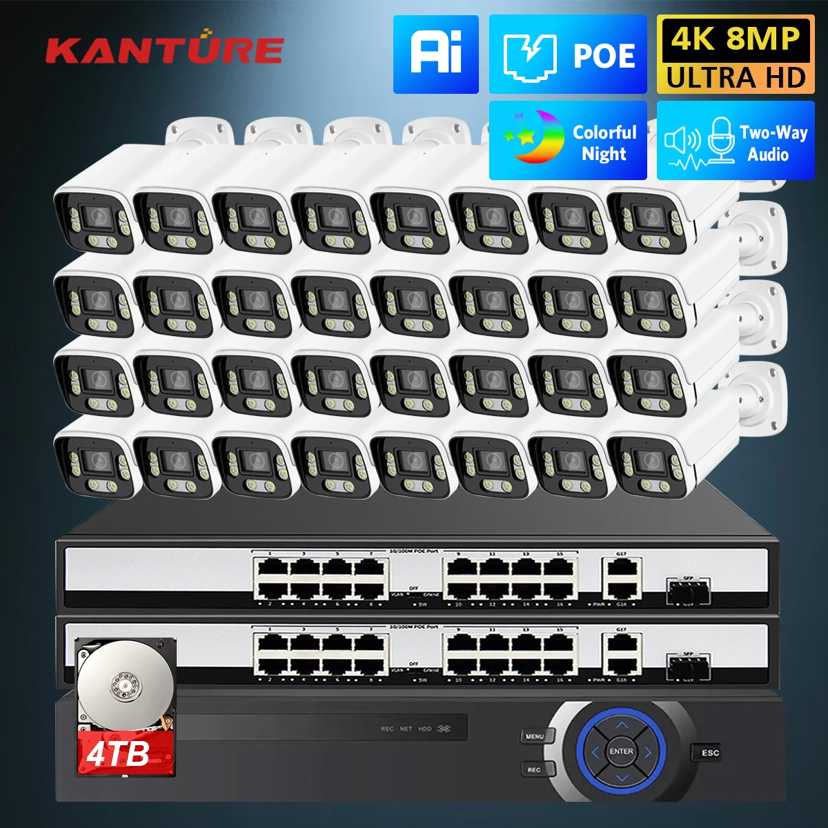 

32CH 4K Ultra HD AI Human Detection 8MP Outdoor Security Camera System Two-Way Audio Color Night Vision Video Surveillance Kit