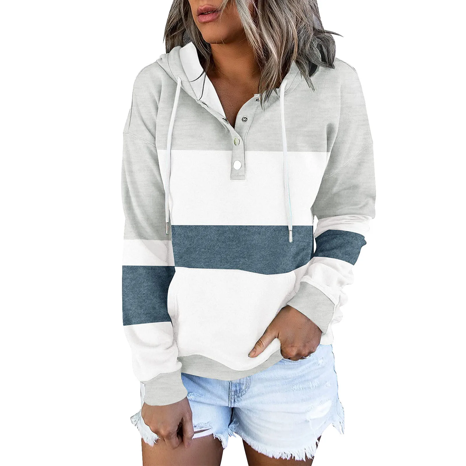 Womens Color Block Hoodies Tops Long Sleeve Casual Drawstring Button Down Pullover Sweatshirt With Drawstring Kpop Bluza Damska