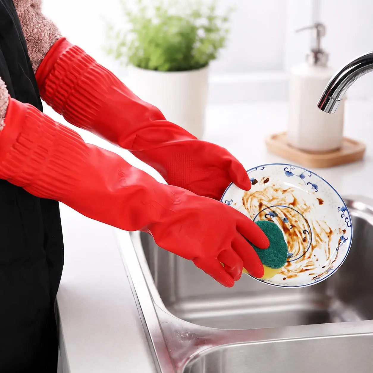 Silikon-Spülhandschuhe Paar Für Extra Lange Gummi-Reinigungsbürste Scheuerschwamm Küchenwerkzeug Haushalts-Manschetten Wasserdicht Wiederverwendbar