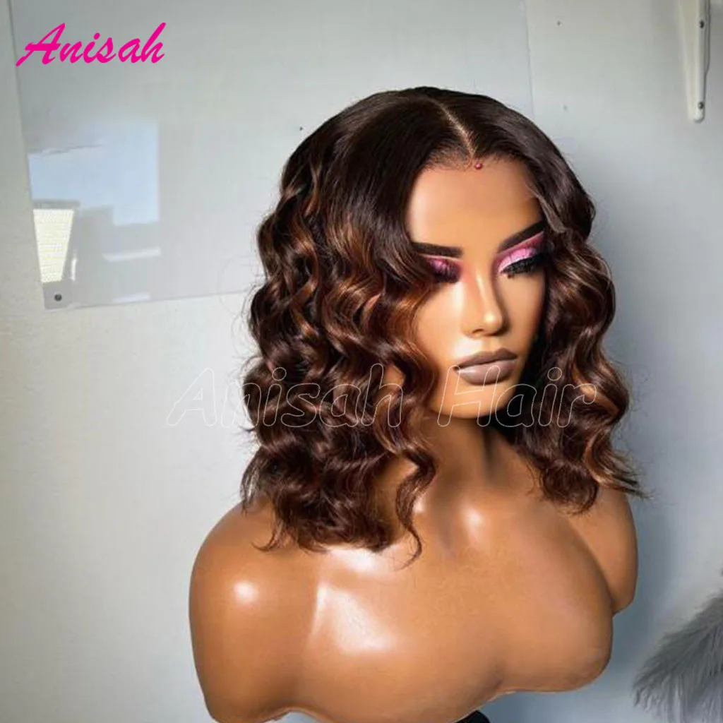 10 12 14 Inch Brown Highlight Short Bob Human Hair Wigs Loose Curl 13x4 Transparent Lace Front Wig For Black Women