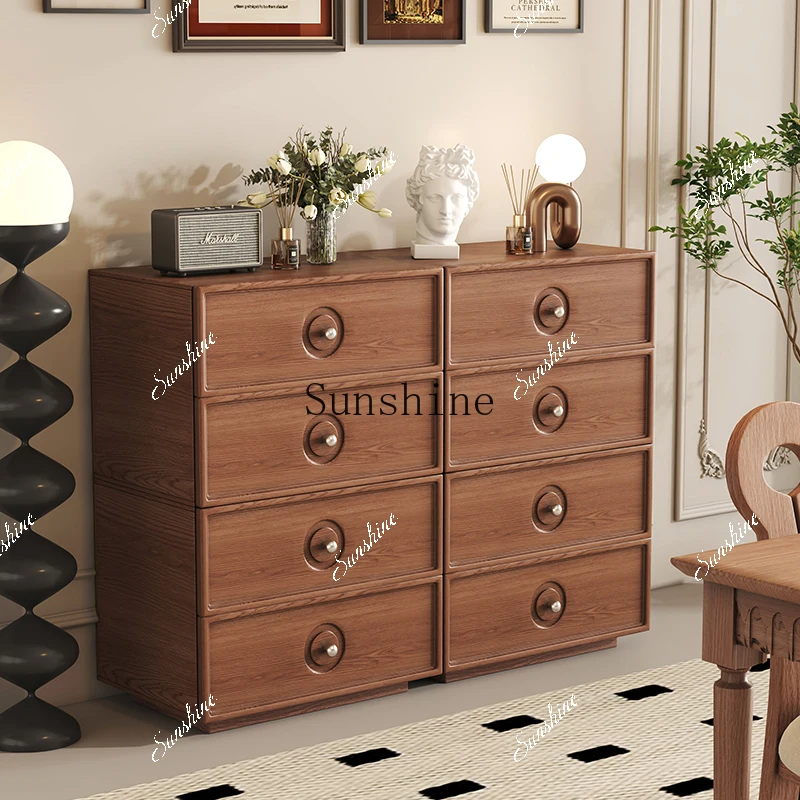 French retro solid wood bucket chest of drawers, locker, six-bucket side cabinet FT