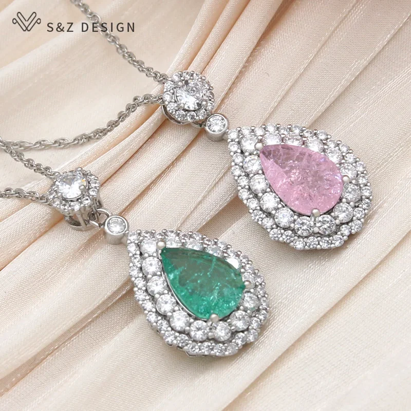 

S&Z DESIGN New Fashion Elegant White Gold Color Water Drop Ice Crack Crystal Pendant Necklace For Women Wedding Zirconia Jewelry