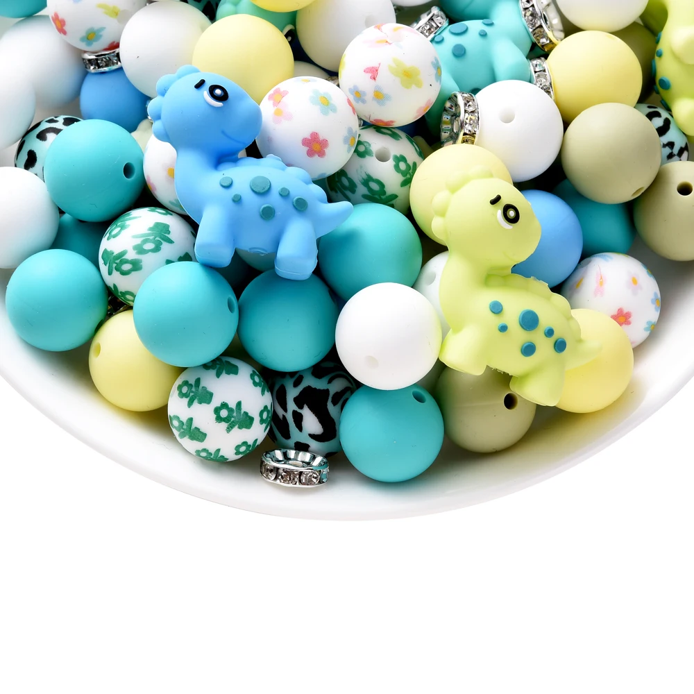 

28Pcs Silicone Bead Set Dinosaur Shaped&Round Beads For Teething Infant Chewable Dummy Necklace Pacifier Chian Making