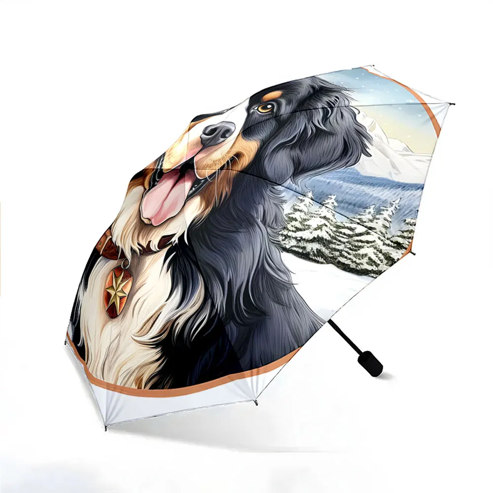 "Bernese Mountain Dog in Snowy Forest Art Design" portable waterproof sun rain umbrella for outdoor travel beach - view 3