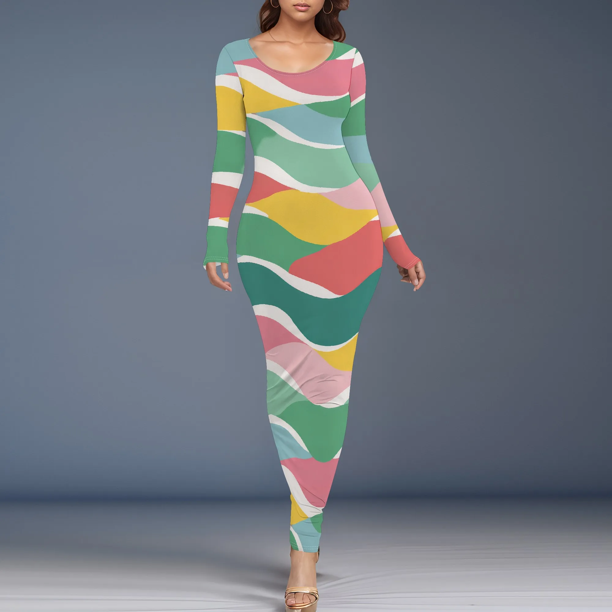 2025 Autunno e inverno da donna sexy multicolore con stampa puzzle moda abito attillato casual girocollo abiti a maniche lunghe