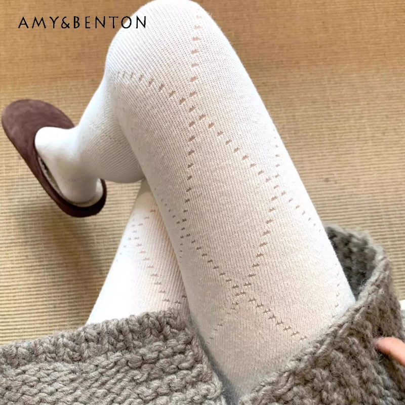 Japanese Design White Diamond Mesh Women's Hosiery 2025 Spring Autumn New Thin Slimming Sweet Cute Versatile Base Tights Ladies