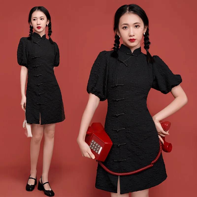 

FZSLCYIYI Summer Puff Sleeve Black Chiffon Chinese Traditional Qipao Casual Party Women Dress Cheongsam