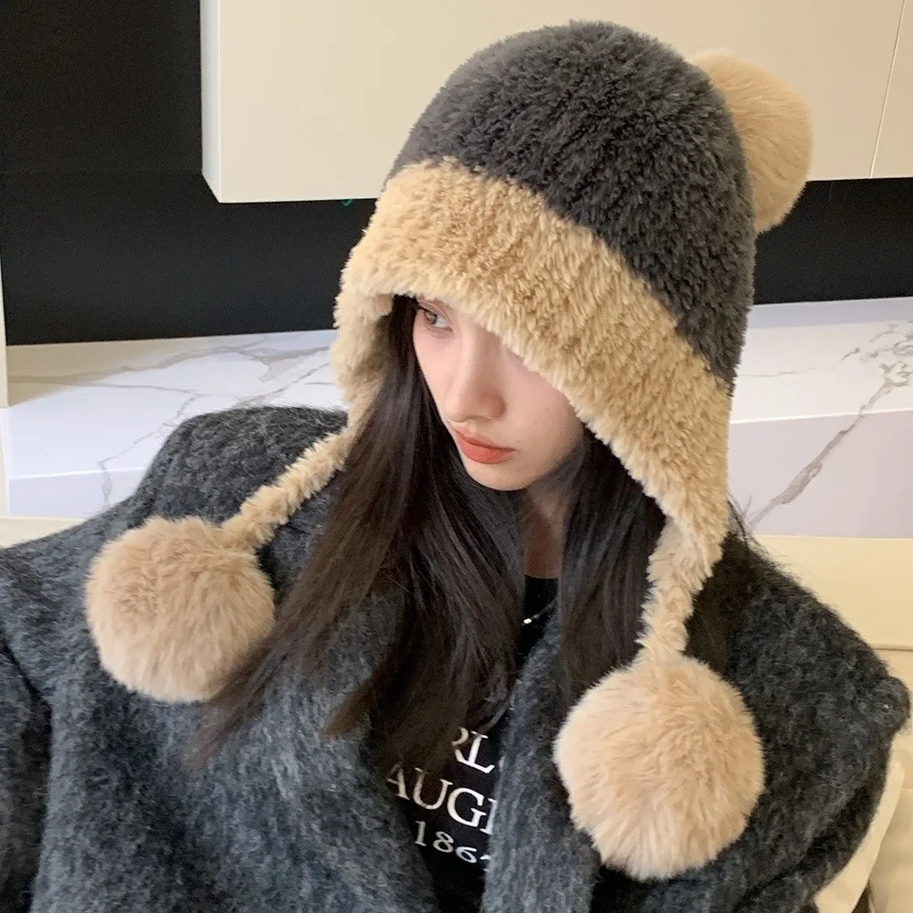 

Fashion Windproof Knitted Plush Hat Thickened Coldproof Beanies Cap Keep Warm Ear Protection Hat for Women Girls